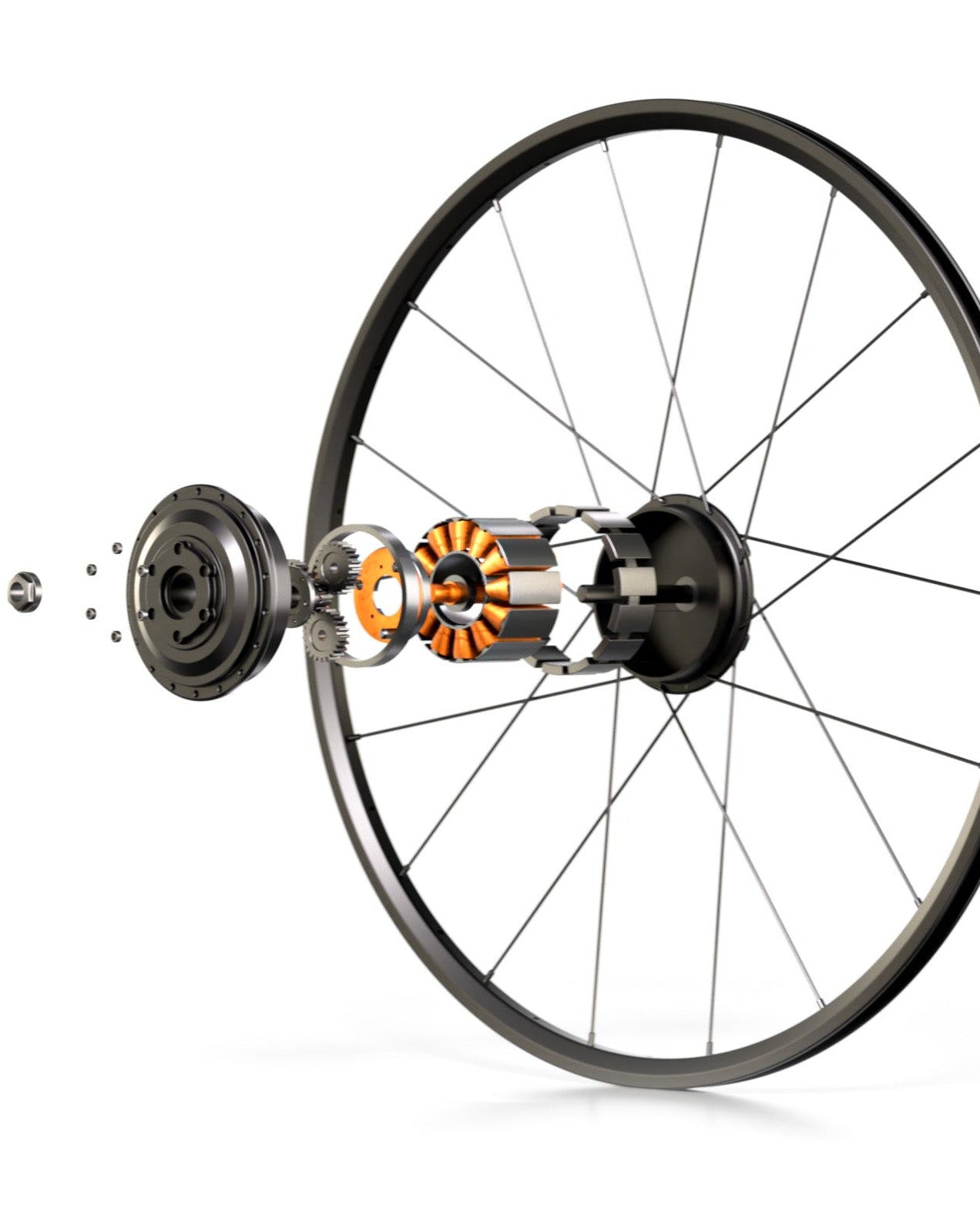 Bicycle wheel with a gear system on a white background